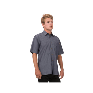 SKS003-IBL-M Detroit Striped Short Sleeve Denim Shirt Men Indigo Blue Globe Importers Adelaide Hospitality Supplies