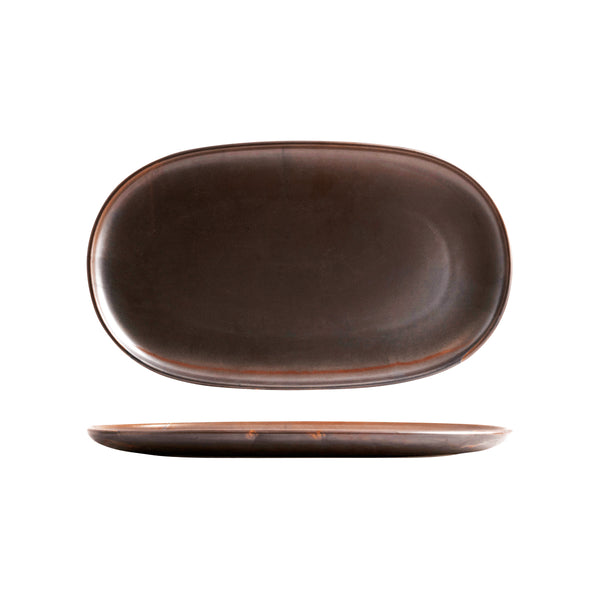 72.926646 Moda Porcelain Rust Oval Coupe Plate 405x240mm Globe Importers Adelaide Hospitality Supplies