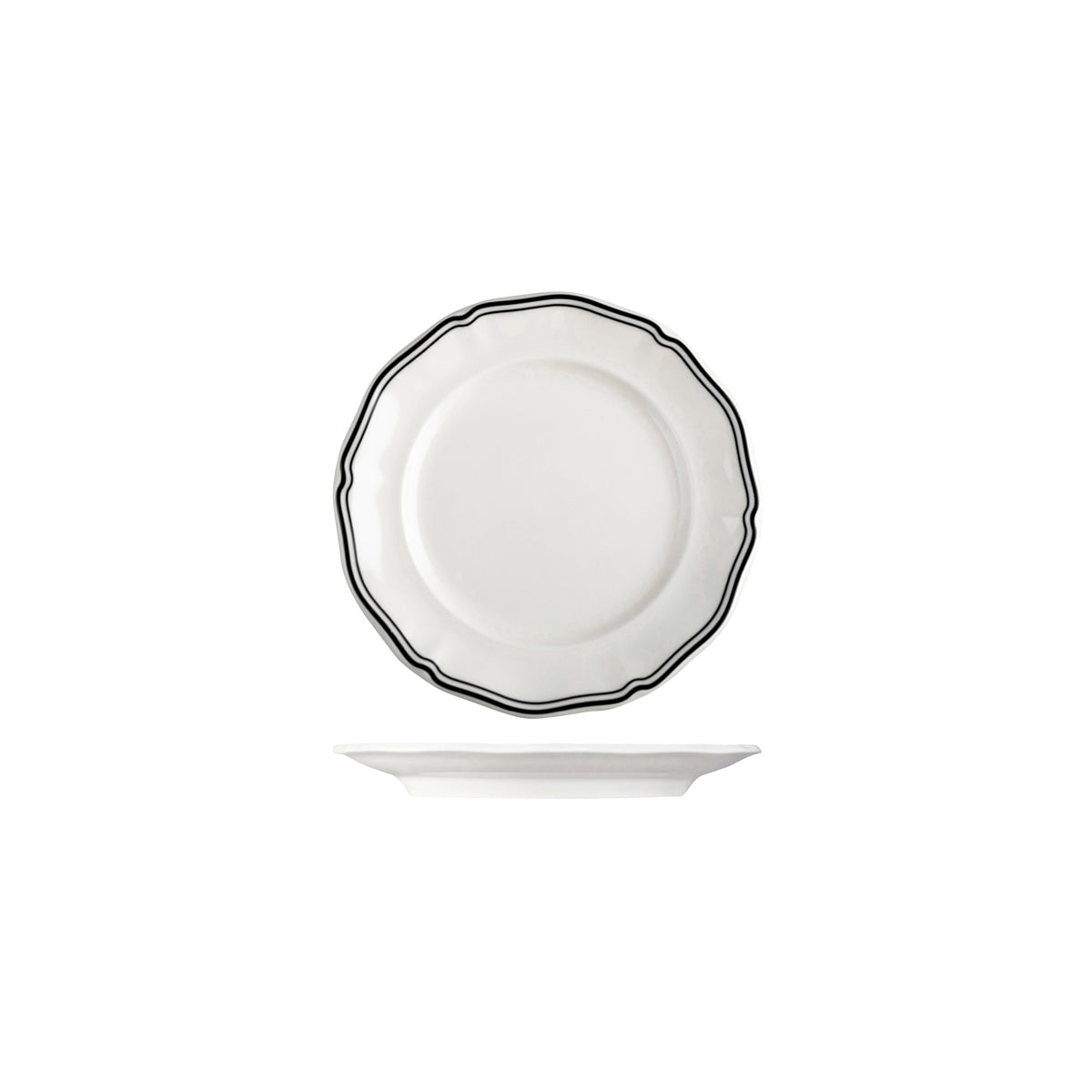 72.94351-BK Luzerne Astoria Ink New Bone Scalloped Round Plate Wide Rim 170mm Globe Importers Adelaide Hospitality Supplies