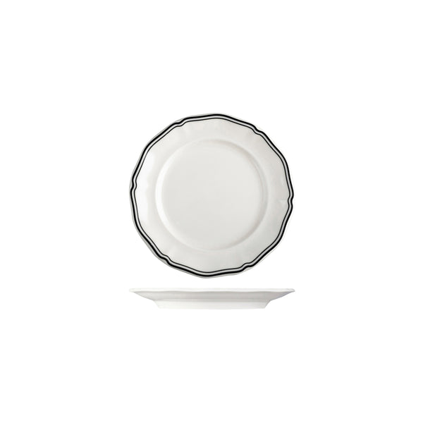 72.94351-BK Luzerne Astoria Ink New Bone Scalloped Round Plate Wide Rim 170mm Globe Importers Adelaide Hospitality Supplies
