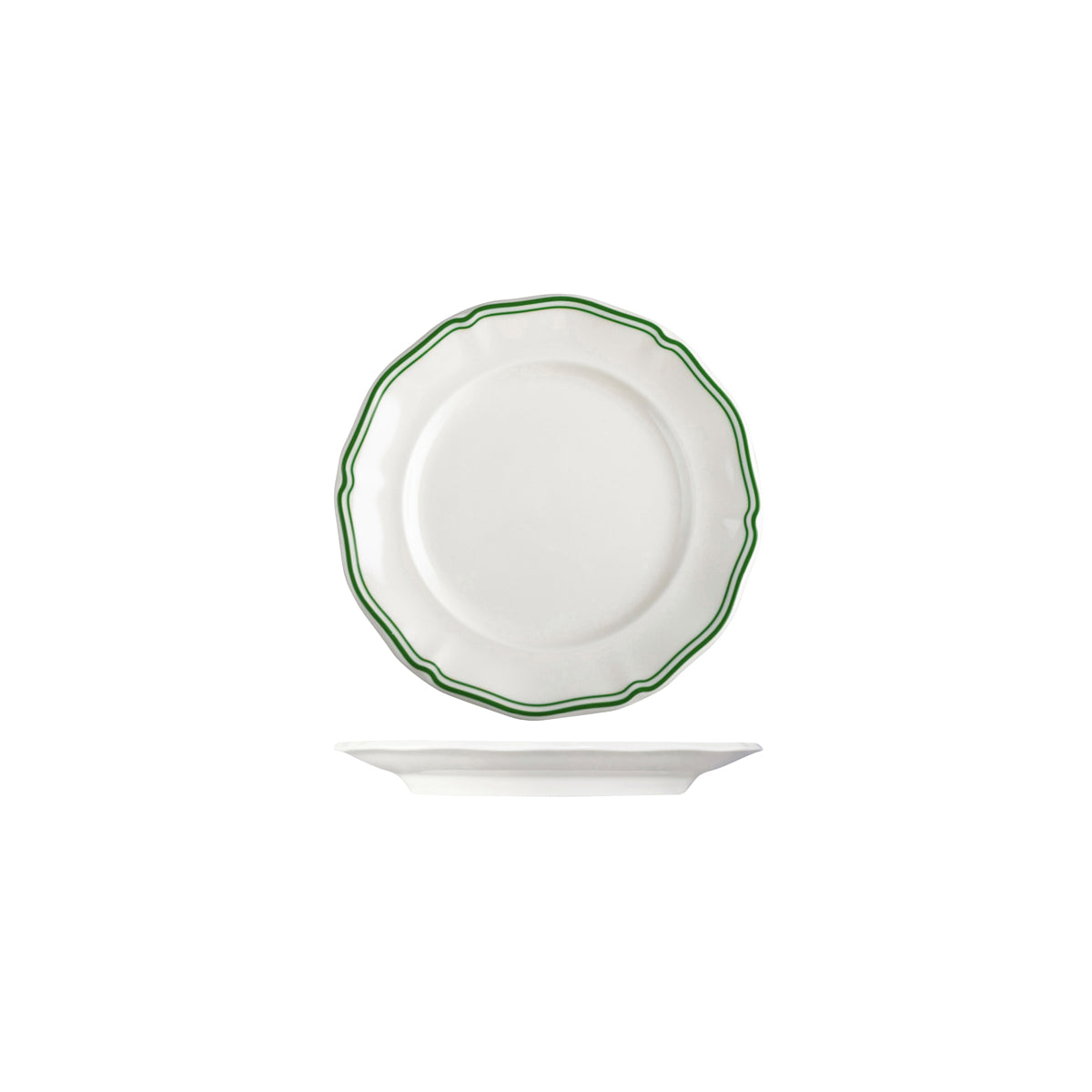 72.94351-GN Luzerne Astoria Emerald New Bone Scalloped Round Plate Wide Rim 170mm Globe Importers Adelaide Hospitality Supplies