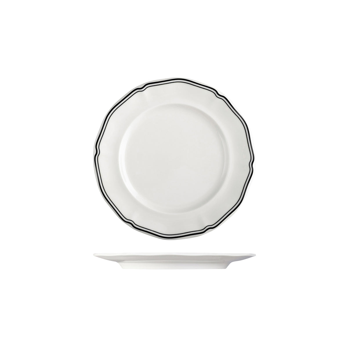 72.94352-BK Luzerne Astoria Ink New Bone Scalloped Round Plate Wide Rim 210mm Globe Importers Adelaide Hospitality Supplies