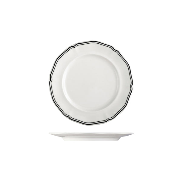 72.94352-BK Luzerne Astoria Ink New Bone Scalloped Round Plate Wide Rim 210mm Globe Importers Adelaide Hospitality Supplies