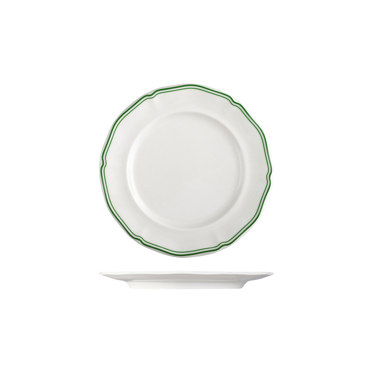 72.94352-GN Luzerne Astoria Emerald New Bone Scalloped Round Plate Wide Rim 210mm Globe Importers Adelaide Hospitality Supplies