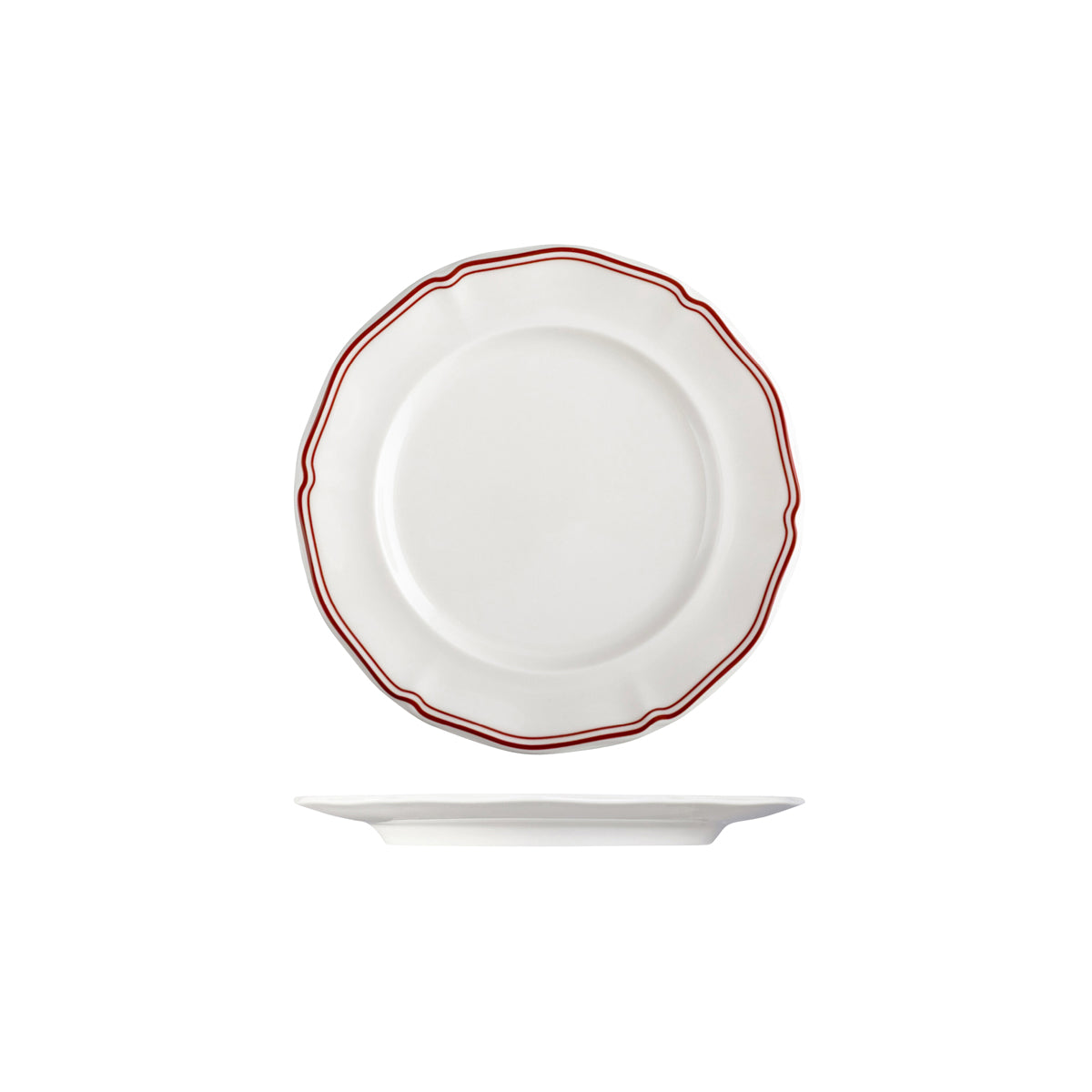 72.94352-M Luzerne Astoria Rosewood New Bone Scalloped Round Plate Wide Rim 210mm Globe Importers Adelaide Hospitality Supplies