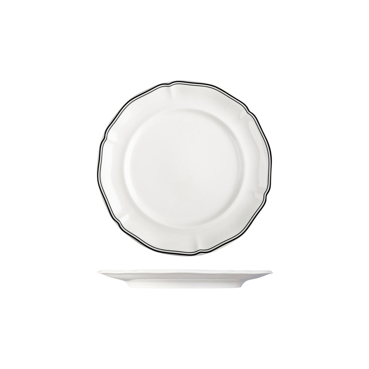 72.94353-BK Luzerne Astoria Ink New Bone Scalloped Round Plate Wide Rim 230mm Globe Importers Adelaide Hospitality Supplies