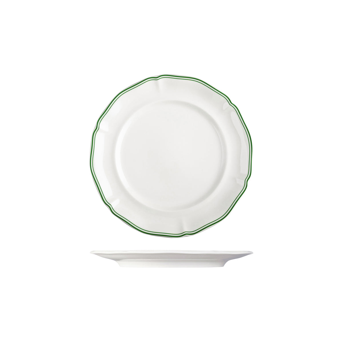 72.94353-GN Luzerne Astoria Emerald New Bone Scalloped Round Plate Wide Rim 230mm Globe Importers Adelaide Hospitality Supplies