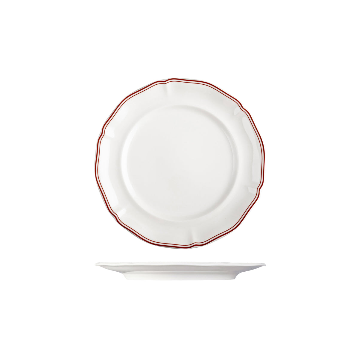 72.94353-M Luzerne Astoria Rosewood New Bone Scalloped Round Plate Wide Rim 230mm Globe Importers Adelaide Hospitality Supplies