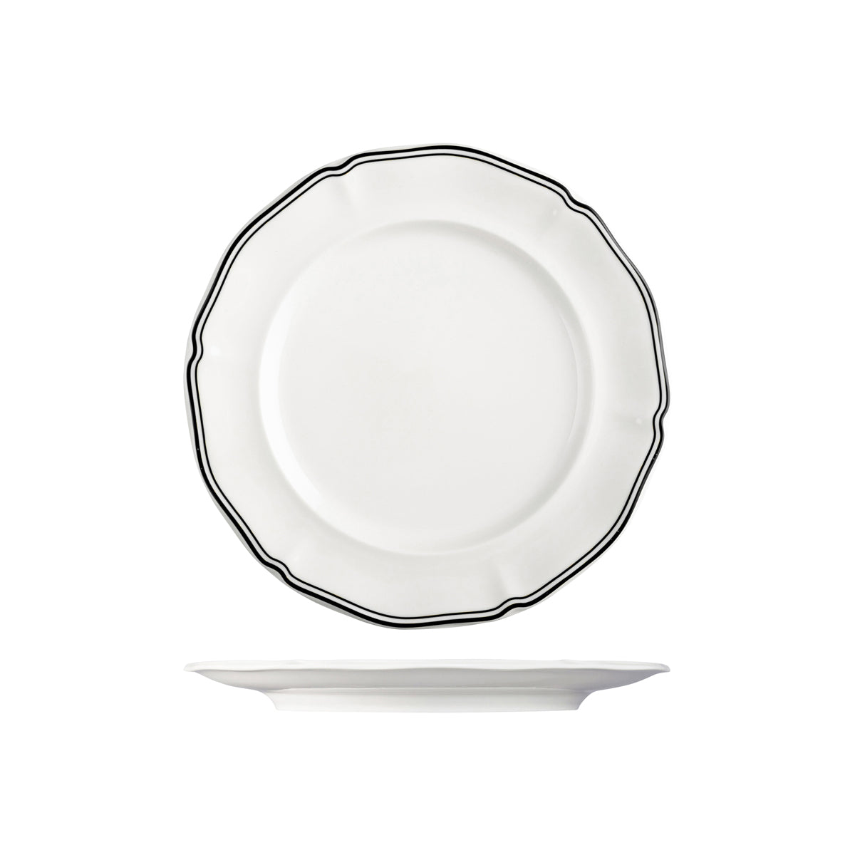 72.94354-BK Luzerne Astoria Ink New Bone Scalloped Round Plate Wide Rim 270mm Globe Importers Adelaide Hospitality Supplies