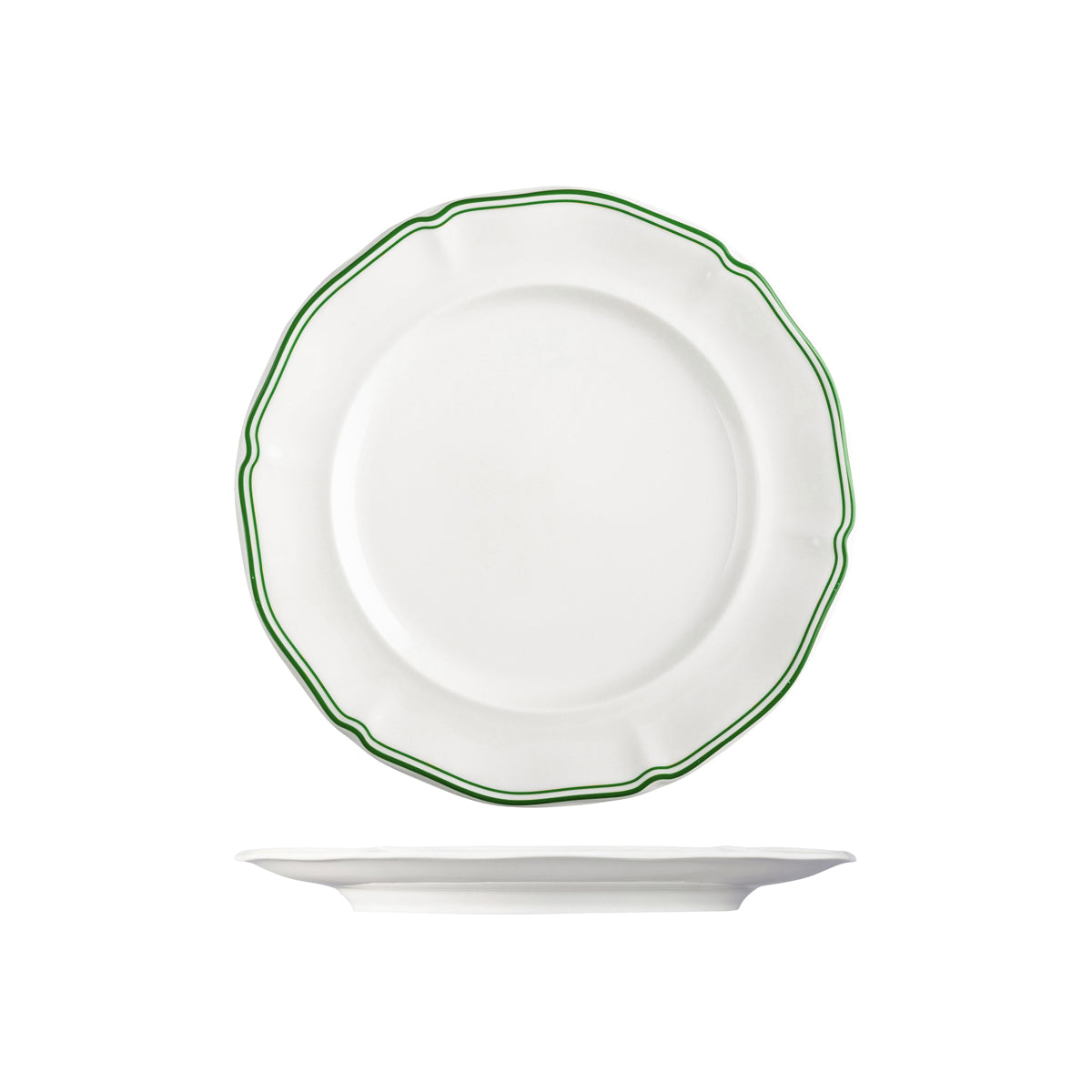72.94354-GN Luzerne Astoria Emerald New Bone Scalloped Round Plate Wide Rim 270mm Globe Importers Adelaide Hospitality Supplies