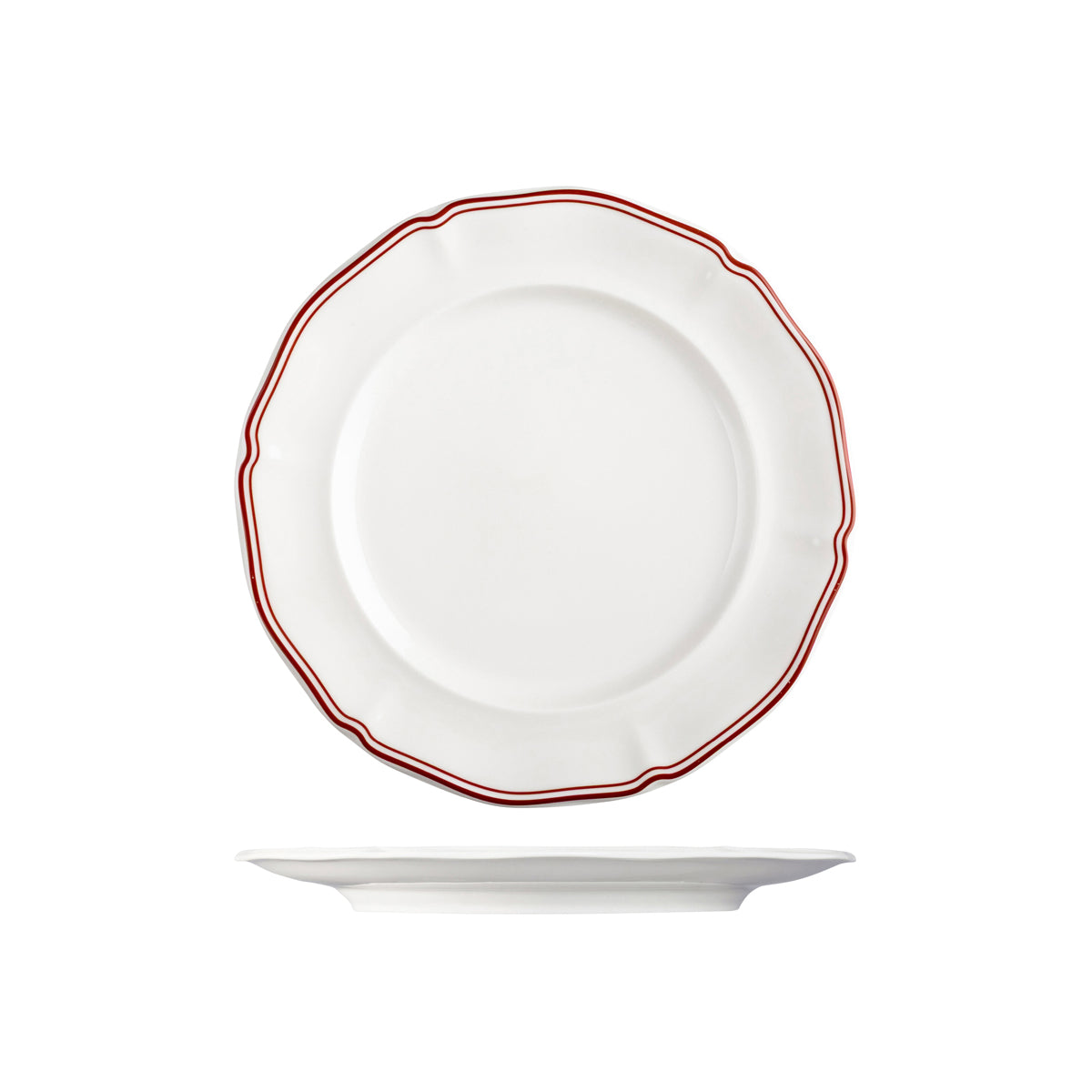 72.94354-M Luzerne Astoria Rosewood New Bone Scalloped Round Plate Wide Rim 270mm Globe Importers Adelaide Hospitality Supplies