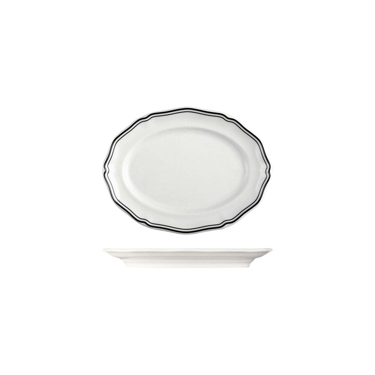 72.94355-BK Luzerne Astoria Ink New Bone Scalloped Oval Plate Wide Rim 200mm Globe Importers Adelaide Hospitality Supplies