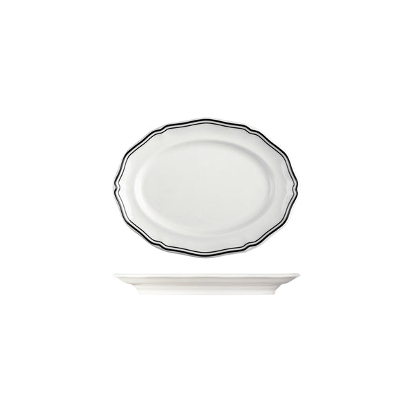 72.94355-BK Luzerne Astoria Ink New Bone Scalloped Oval Plate Wide Rim 200mm Globe Importers Adelaide Hospitality Supplies