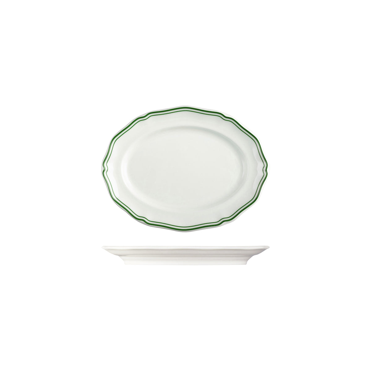 72.94355-GN Luzerne Astoria Emerald New Bone Scalloped Oval Plate Wide Rim 200mm Globe Importers Adelaide Hospitality Supplies