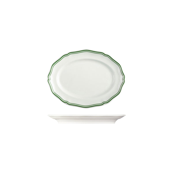 72.94355-GN Luzerne Astoria Emerald New Bone Scalloped Oval Plate Wide Rim 200mm Globe Importers Adelaide Hospitality Supplies