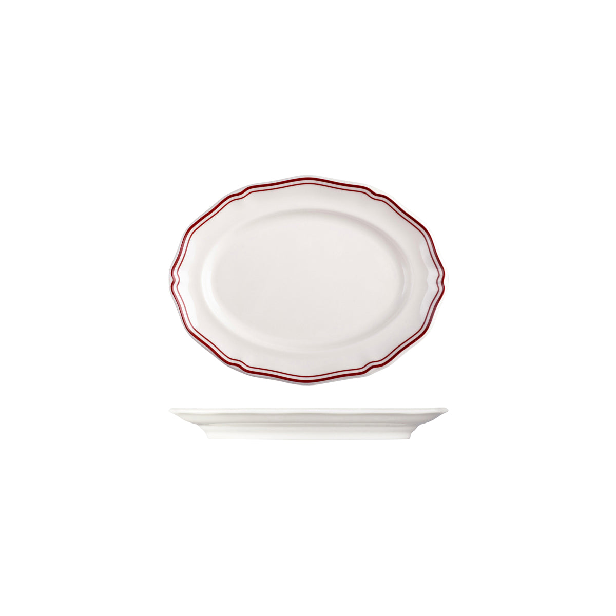 72.94355-M Luzerne Astoria Rosewood New Bone Scalloped Oval Plate Wide Rim 200mm Globe Importers Adelaide Hospitality Supplies