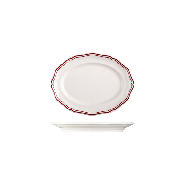 72.94355-M Luzerne Astoria Rosewood New Bone Scalloped Oval Plate Wide Rim 200mm Globe Importers Adelaide Hospitality Supplies