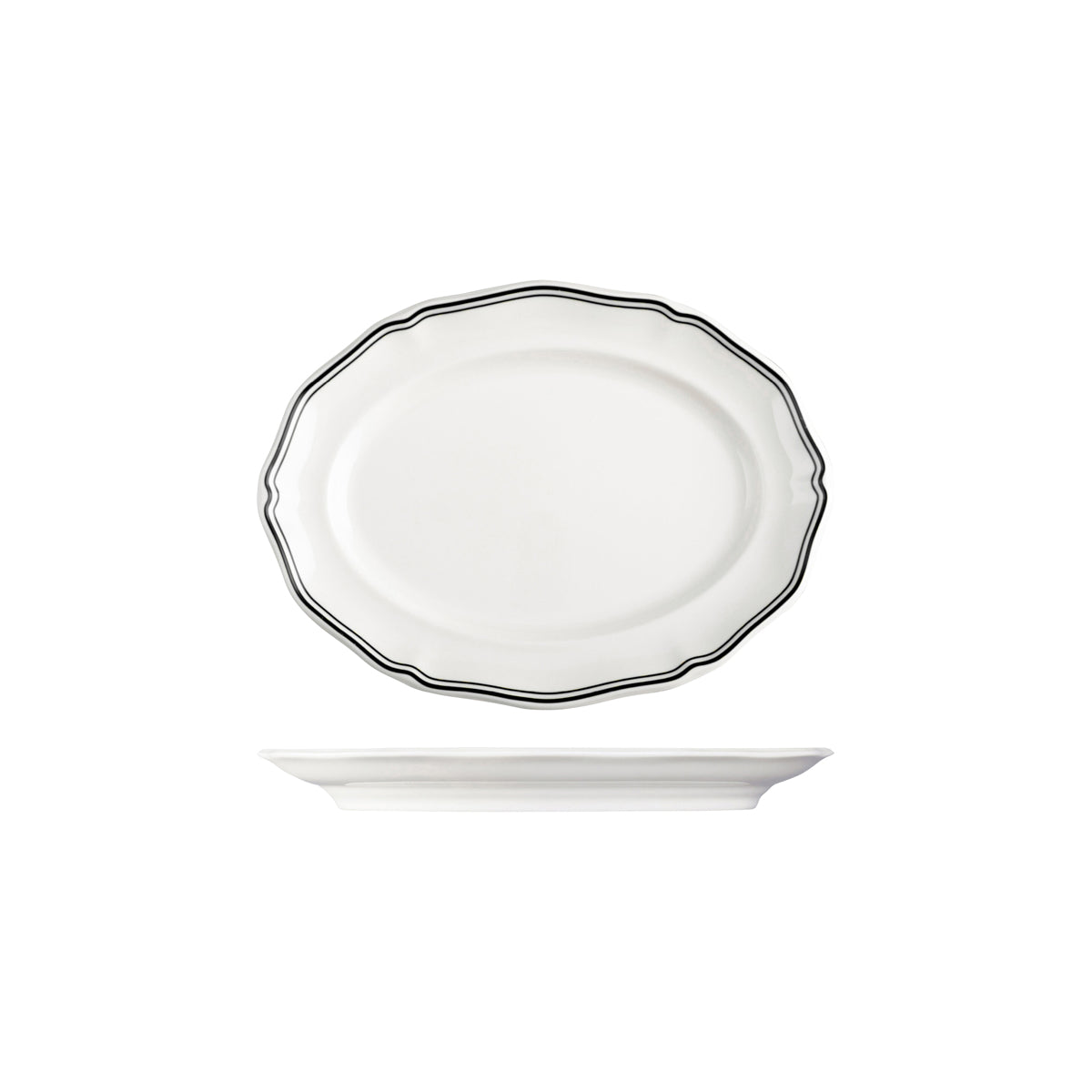 72.94356-BK Luzerne Astoria Ink New Bone Scalloped Oval Plate Wide Rim 250mm Globe Importers Adelaide Hospitality Supplies