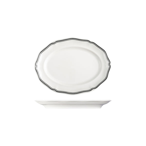 72.94356-BK Luzerne Astoria Ink New Bone Scalloped Oval Plate Wide Rim 250mm Globe Importers Adelaide Hospitality Supplies