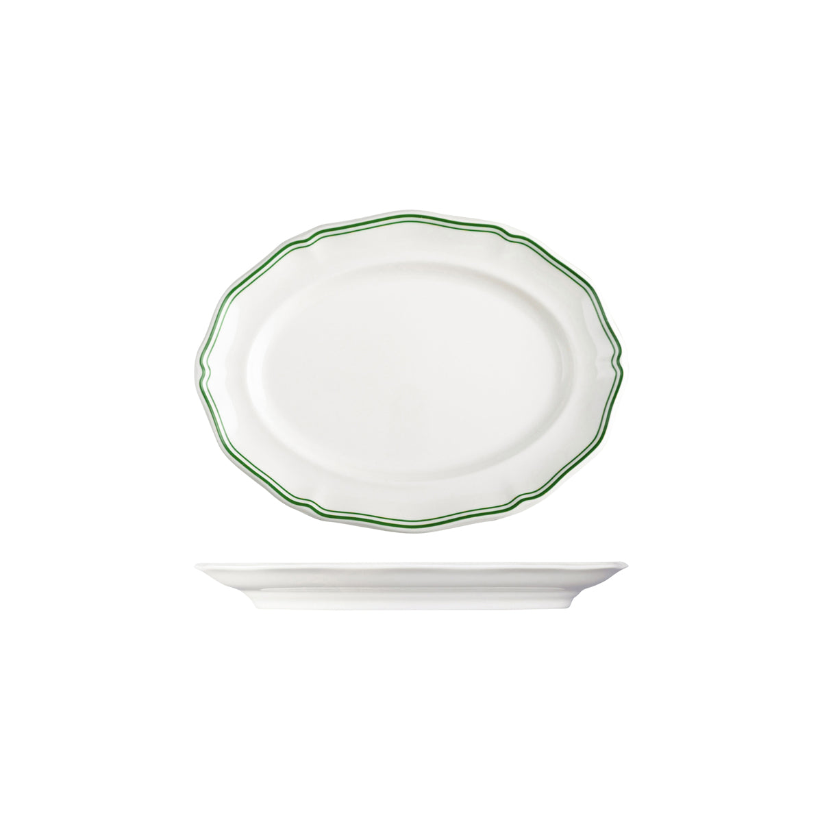 72.94356-GN Luzerne Astoria Emerald New Bone Scalloped Oval Plate Wide Rim 250mm Globe Importers Adelaide Hospitality Supplies