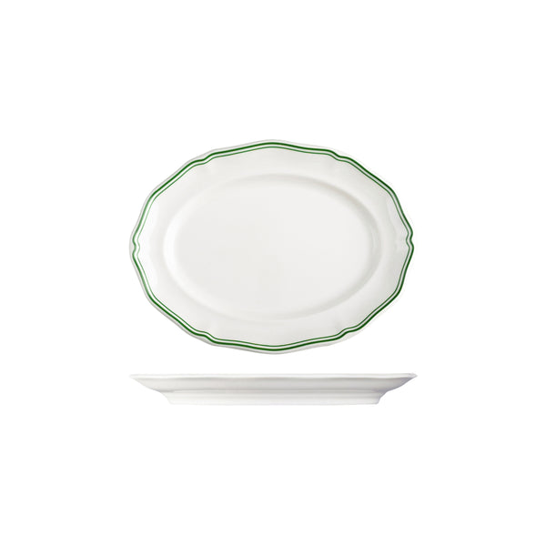 72.94356-GN Luzerne Astoria Emerald New Bone Scalloped Oval Plate Wide Rim 250mm Globe Importers Adelaide Hospitality Supplies