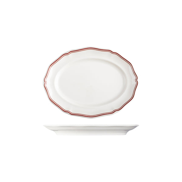 72.94356-M Luzerne Astoria Rosewood New Bone Scalloped Oval Plate Wide Rim 250mm Globe Importers Adelaide Hospitality Supplies