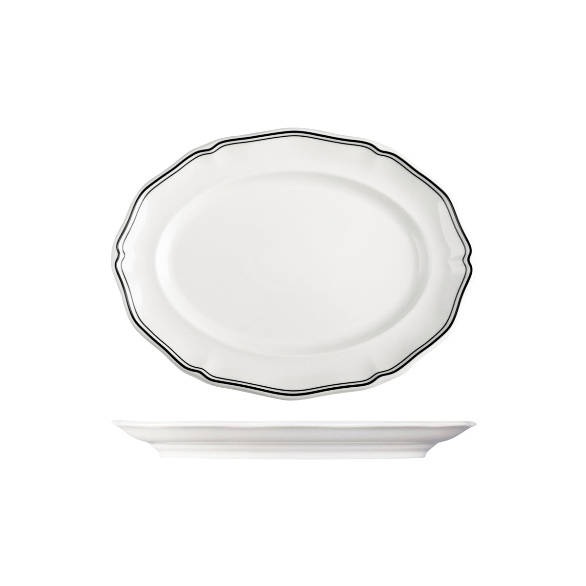 72.94357-BK Luzerne Astoria Ink New Bone Scalloped Oval Plate Wide Rim 300mm Globe Importers Adelaide Hospitality Supplies