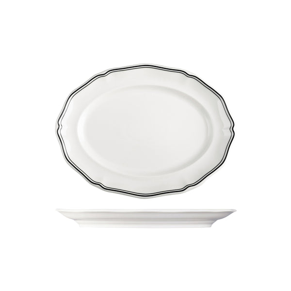 72.94357-BK Luzerne Astoria Ink New Bone Scalloped Oval Plate Wide Rim 300mm Globe Importers Adelaide Hospitality Supplies