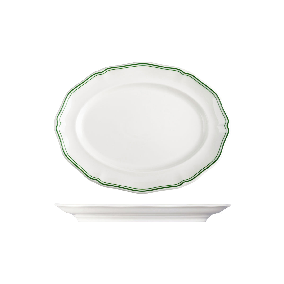 72.94357-GN Luzerne Astoria Emerald New Bone Scalloped Oval Plate Wide Rim 300mm Globe Importers Adelaide Hospitality Supplies