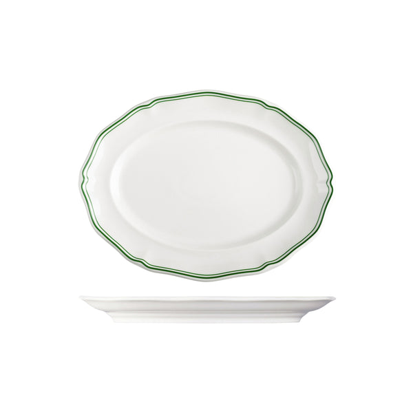 72.94357-GN Luzerne Astoria Emerald New Bone Scalloped Oval Plate Wide Rim 300mm Globe Importers Adelaide Hospitality Supplies