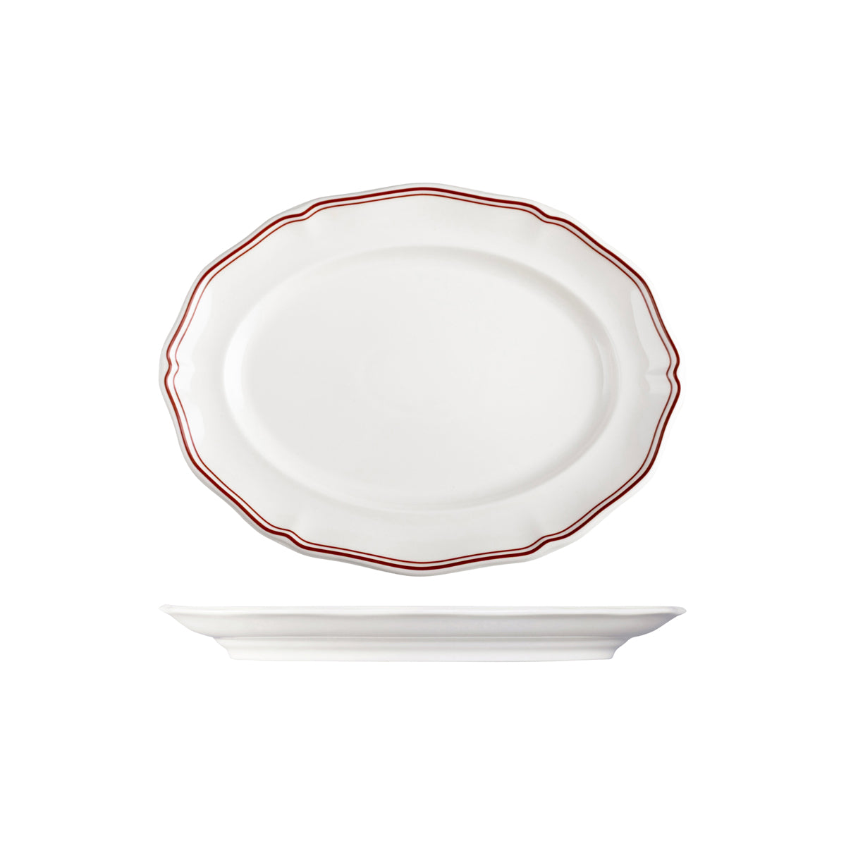 72.94357-M Luzerne Astoria Rosewood New Bone Scalloped Oval Plate Wide Rim 300mm Globe Importers Adelaide Hospitality Supplies