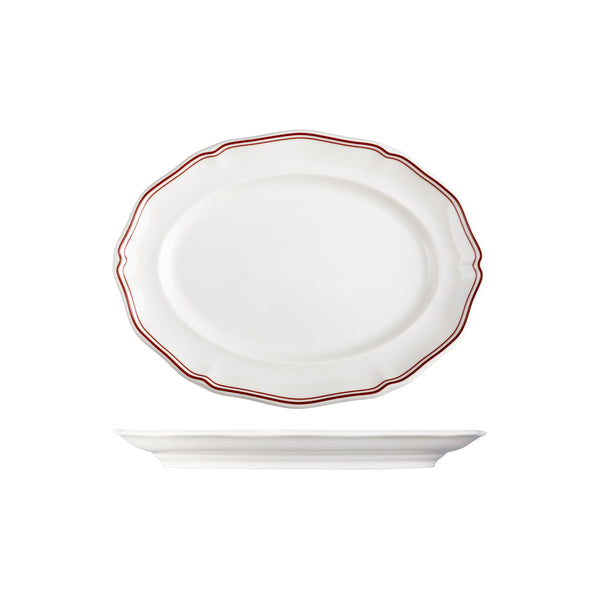 72.94357-M Luzerne Astoria Rosewood New Bone Scalloped Oval Plate Wide Rim 300mm Globe Importers Adelaide Hospitality Supplies