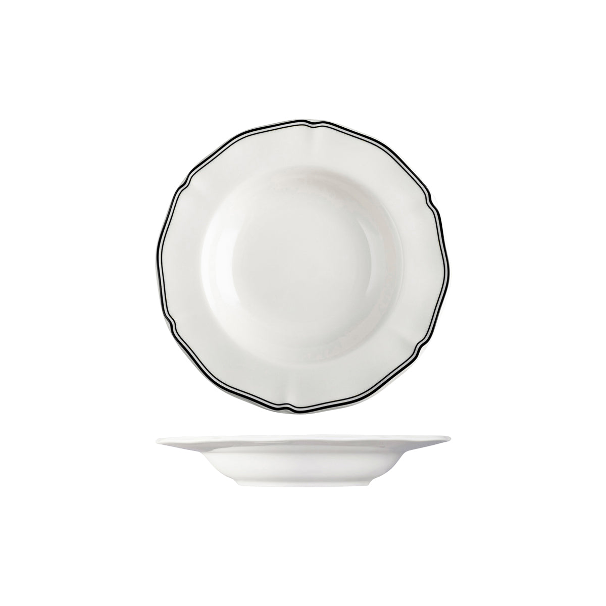 72.94358-BK Luzerne Astoria Ink New Bone Scalloped Soup / Pasta Bowl Wide Rim 235mm / 330ml Globe Importers Adelaide Hospitality Supplies