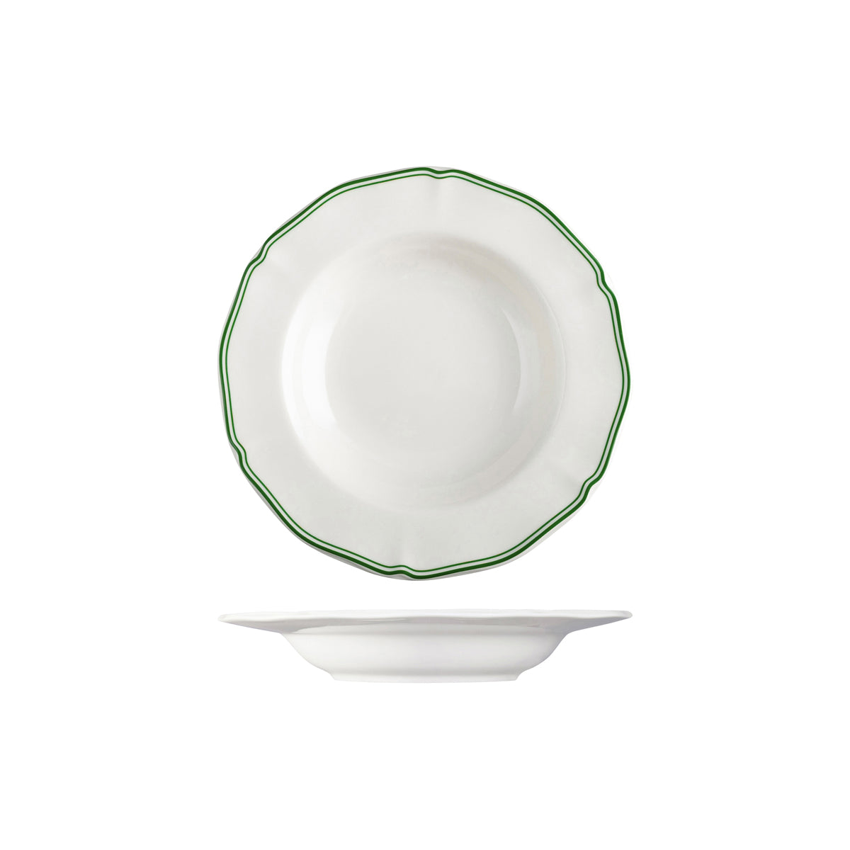 72.94358-GN Luzerne Astoria Emerald New Bone Scalloped Soup / Pasta Bowl Wide Rim 235mm / 330ml Globe Importers Adelaide Hospitality Supplies