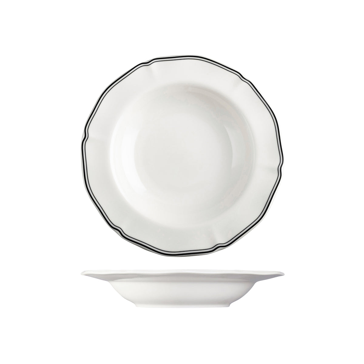 72.94359-BK Luzerne Astoria Ink New Bone Scalloped Soup / Pasta Bowl Wide Rim 265mm / 530ml Globe Importers Adelaide Hospitality Supplies
