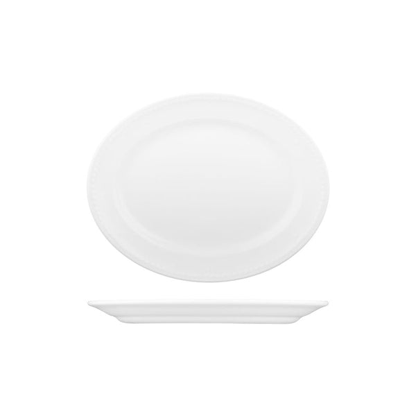 72.9937325 Churchill Buckingham White Oval Plate Wide Rim 254x200mm Globe Importers Adelaide Hospitality Supplies