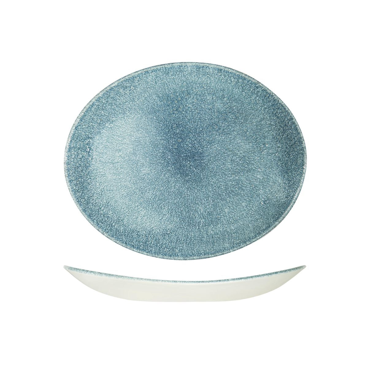 72.9976227.TB Churchill Studio Prints Raku Topaz Blue Oval Coupe Plate 270x229mm Globe Importers Adelaide Hospitality Supplies
