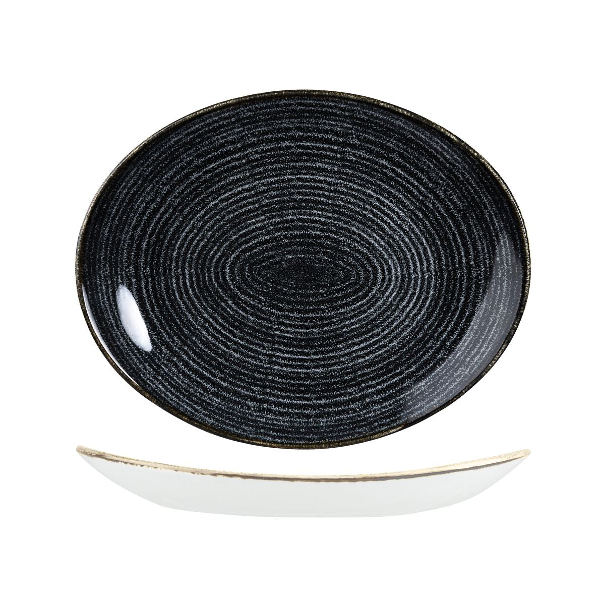 72.9976232.C Churchill Studio Prints Homespun Charcoal Black Oval Coupe Plate 317x255mm Globe Importers Adelaide Hospitality Supplies
