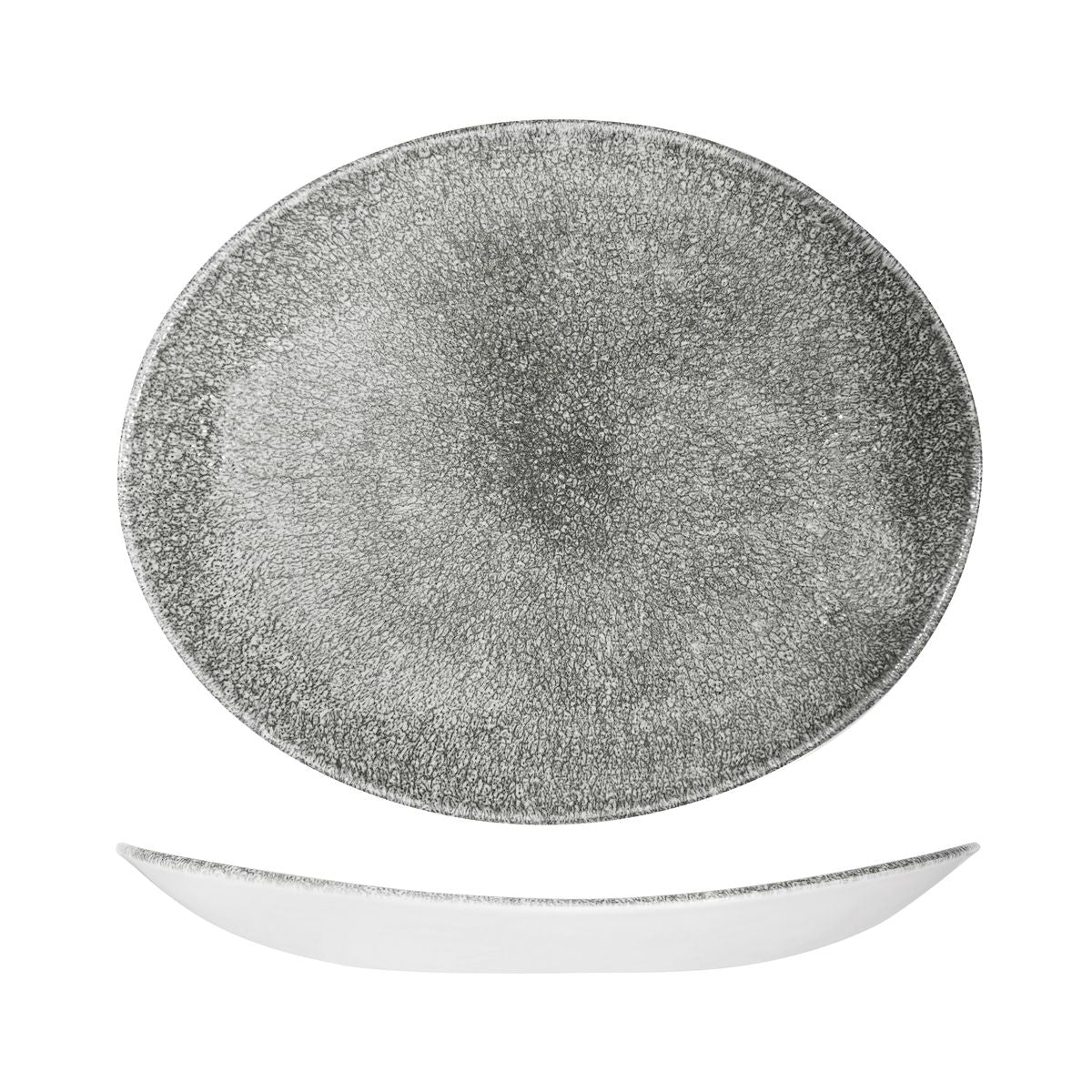 72.9976232.QB Churchill Studio Prints Raku Quartz Black Oval Coupe Plate 317x255mm Globe Importers Adelaide Hospitality Supplies