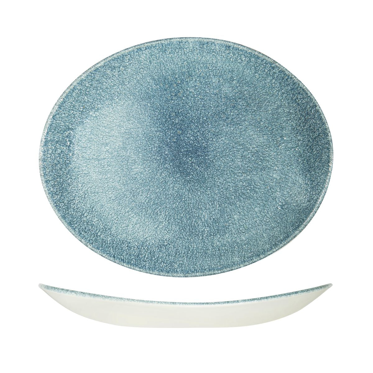 72.9976232.TB Churchill Studio Prints Raku Topaz Blue Oval Coupe Plate 317x255mm Globe Importers Adelaide Hospitality Supplies