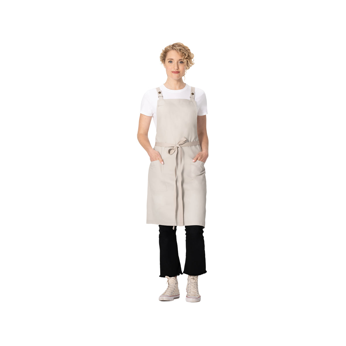 ABS04.ECR Chef Works Repreve Lockharte Cross-Back Apron with 2 Pockets Ecru 800x860mm Globe Importers Adelaide Hospitality Supplies