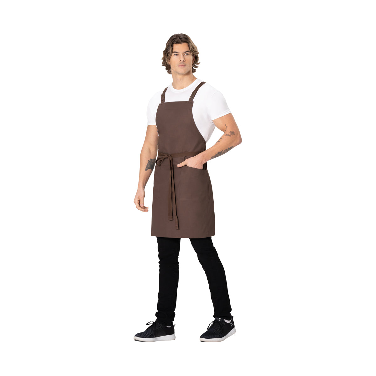 ABS04.ESP Chef Works Repreve Lockharte Cross-Back Apron with 2 Pockets Espresso 800x860mm Globe Importers Adelaide Hospitality Supplies