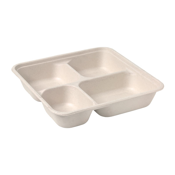 BP.B-LB-4C-N-LARGE-PF BioPak BioCane Square Takeaway Container Large 4-Compartment Plant Fibre Natural 232x232x46mm / 310ml+310ml+400ml+220ml Globe Importers Adelaide Hospitality Supplies