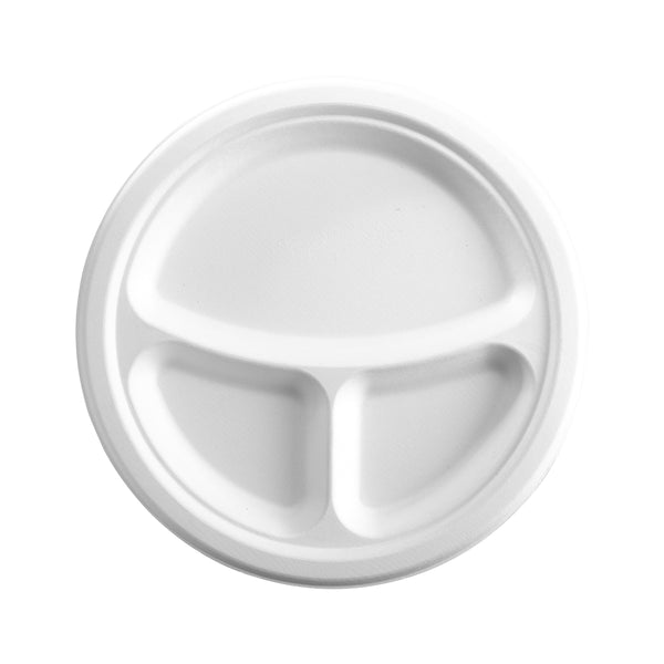 BP.B-PL-11-PF BioPak BioCane Round Plate 3-Compartment Plant Fibre White 250mm / 10" Globe Importers Adelaide Hospitality Supplies