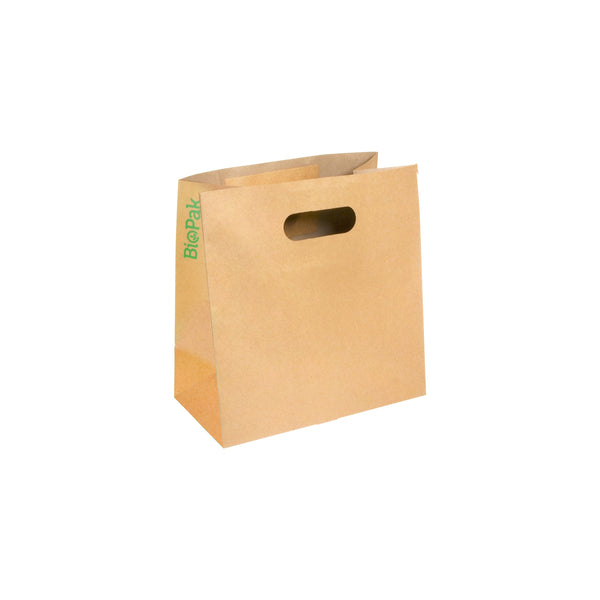 BP.BAG-TA-D-SMALL BioPak FSC™ Paper Bag Small with Die Cut Handles Kraft 270x280x145mm Globe Importers Adelaide Hospitality Supplies