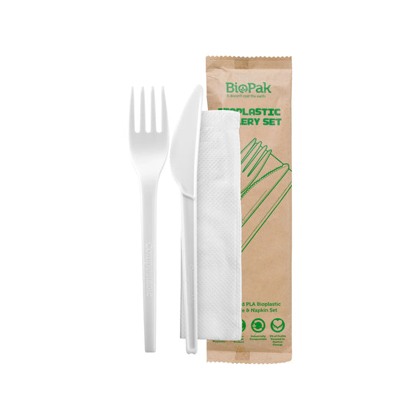 BP.GD-6.5AKFN-B BioPak CPLA BioPlastic Fork, Knife & Napkin Set 165mm Globe Importers Adelaide Hospitality Supplies