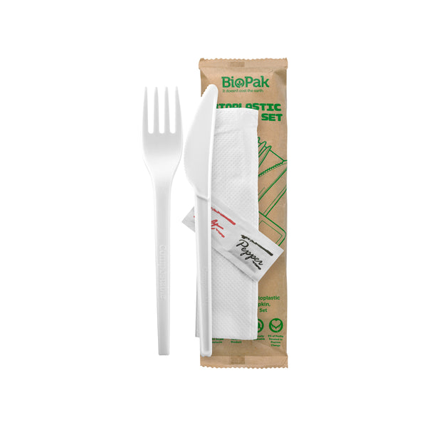 BP.GD-6.5AKFNSP-B BioPak CPLA BioPlastic Fork, Knife, Napkin, Salt & Pepper Set 165mm Globe Importers Adelaide Hospitality Supplies