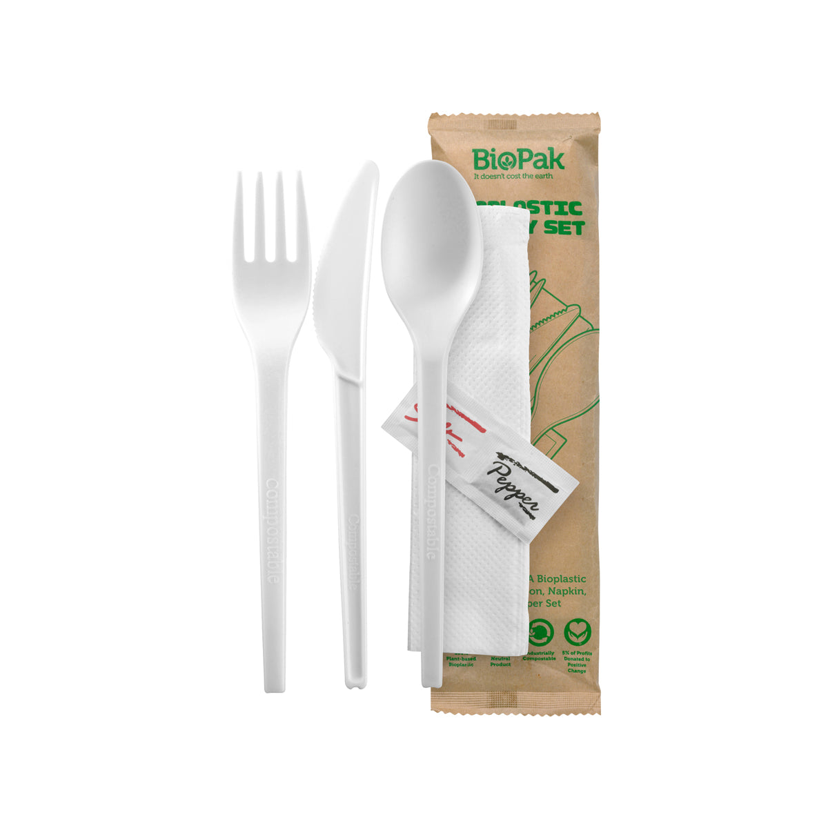 BP.GD-6.5AKFSNSP-B BioPak CPLA BioPlastic Fork, Knife, Spoon, Napkin, Salt & Pepper Set 165mm Globe Importers Adelaide Hospitality Supplies