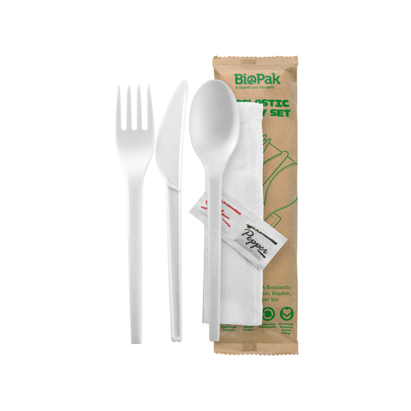 BP.GD-6.5AKFSNSP-B BioPak CPLA BioPlastic Fork, Knife, Spoon, Napkin, Salt & Pepper Set 165mm Globe Importers Adelaide Hospitality Supplies