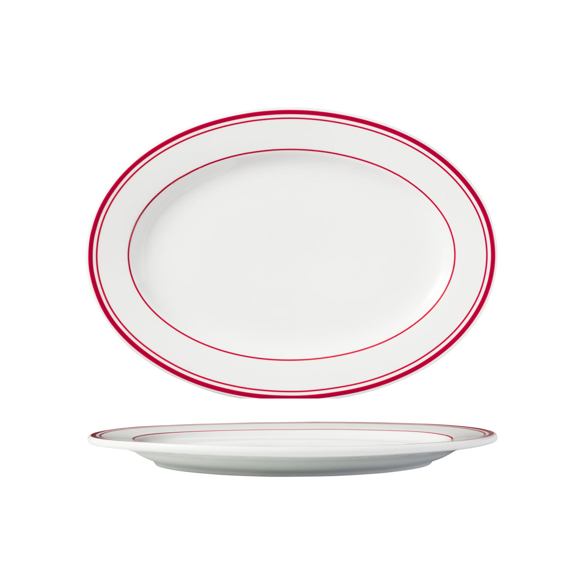 HAG.WBI0115 Maxwell & Williams Bistro Red Rim Oval Plate Wide Rim 350x250mm Globe Importers Adelaide Hospitality Supplies